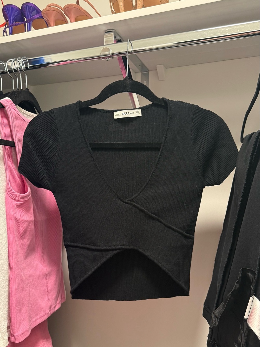 Zara Knit Black Ribbed Wrap Crop Top | Size S